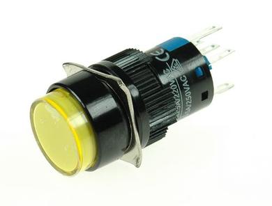 Przełącznik; przyciskowy; LAS1-AY-11Z/Y/12V; ON-ON; żółty; podświetlenie LED 12V; żółty; do lutowania; 2 pozycje; 5A; 250V AC; 16mm; 30mm; Onpow