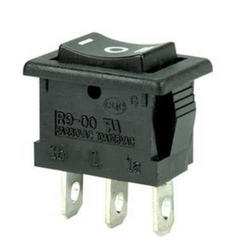 Switch; rocker; R9-32FS; (ON)-OFF-(ON); 1 way; black; no backlight; momentary; 4,8x0,8mm connectors; 13x19,2mm; 3 positions; 6A; 250V AC; Highly