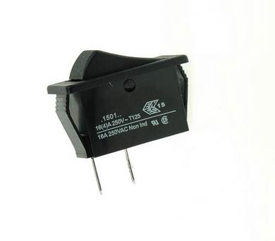 Switch; rocker; C1501ALBB; OFF-(ON); 1 way; black; no backlight; momentary; Leads: 6,3x0,8mm connectors; 11,1x30,1mm; 2 positions; 16A; 250V AC; Arcolectric; RoHS
