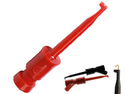 Test clip; KLEPS2-BU 973 501 101; hook type; 3,5mm; red; 66mm; pluggable (2mm banana socket); 6A; 60V; gold plated brass; PBT; Hirschmann; RoHS