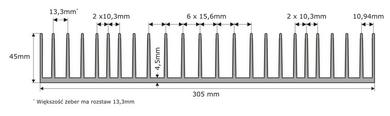 Heatsink; C30545; 8,53kg/m; ribbed; 305mm; 45mm