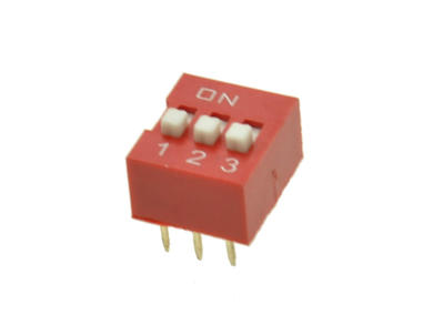 Przełącznik; DIP switch; 3 tory; DIPS3CD; czerwony; przewlekany (THT); h=5,3 + suwak 1,3mm; 25mA; 24V DC; biały; Bochen; RoHS