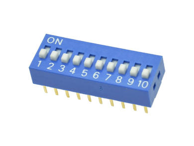 Przełącznik; DIP switch; 10 torów; DIPS10ND; niebieski; przewlekany (THT); h=5,2 + suwak 1,1mm; 25mA; 24V DC; biały