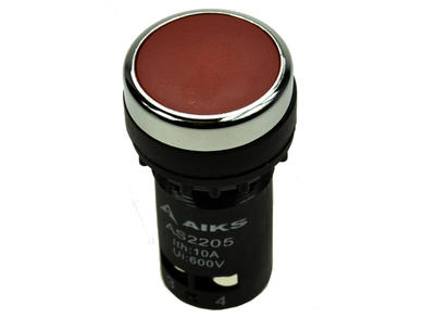 Przełącznik; przyciskowy; AS2205-11/R; ON-(OFF)+OFF-(ON); czerwony; bez podświetlenia; śrubowe; 2 pozycje; 6A; 250V AC; 22mm; 40mm; Aiks