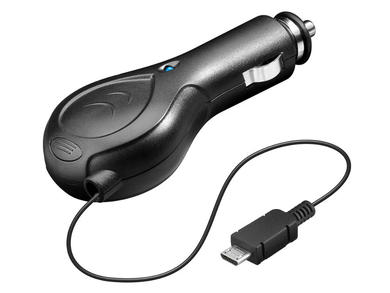 Charger; car; CAR-42757; 5V DC; 0,5A; 2,5W; microUSB; 12÷24V DC; with retractable cable; LED indicator; Goobay; RoHS