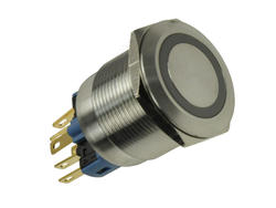 Przełącznik; przyciskowy; GQ22-11ZE/G/12V/S; ON-OFF+OFF-ON; 2 tory; podświetlenie LED 12V; zielony; ring; bistabilny; na panel; 5A; 250V AC; 22mm; IP65; Onpow; RoHS