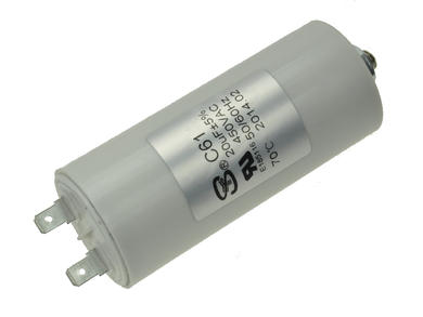 Capacitor; motor; 20uF; 450V AC; C61-450VAC-20uF; fi 40x93mm; 6,3mm connectors; screw with a nut; S-cap; RoHS