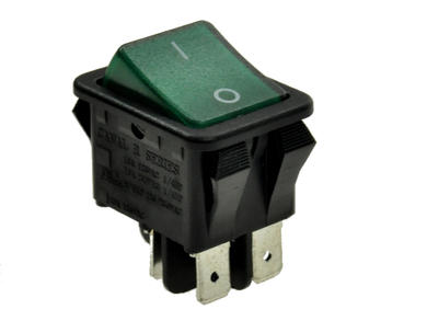 Switch; rocker; R2101C5LBG9NW; ON-OFF; 2 ways; green; neon bulb 250V backlight; green; bistable; 6,3x0,8mm connectors; 22x30mm; 2 positions; 16A; 250V AC; Canal