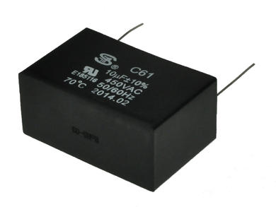 Capacitor; motor; 10uF; 450V AC; C61 10uF/450V 10%; 26x38x58mm; through-hole (THT); S-cap; RoHS; not applicable