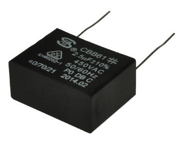 Capacitor; motor; 2,5uF; 450V AC; CBB61 2.5uF/450V10%; 18x28x31mm; through-hole (THT); S-cap; RoHS; not applicable