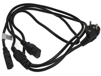 Cable; power supply; AK-PC-04A; CEE 7/7 angled plug; 2x IEC C13 IBM straight socket; 1,8m; black; 3 cores; 0,75mm2; 10A; Akyga; PVC; round; stranded; CCA; RoHS