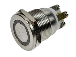 Przełącznik; przyciskowy; GQ19PF-10E/B/12V/S; OFF-(ON); 1 tor; podświetlenie LED 12V; niebieski; ring; monostabilny; na panel; 2A; 36V DC; 19mm; IP65; Onpow; RoHS