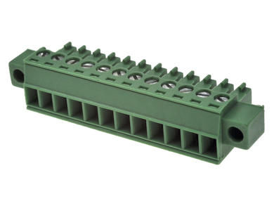 Terminal block; SH12-3,81-K/AKZ1550F/12; 12 ways; R=3,81mm; 15,5mm; 8A; 160V; for cable; angled 90°; bolted; slot screw; screw; vertical; 1,5mm2; green; Euroclamp; RoHS