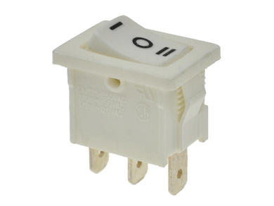 Switch; rocker; A11562229000; ON-OFF-ON; 1 way; white; no backlight; bistable; 4,8x0,8mm connectors; 13x19,2mm; 3 positions; 10A; 250V AC; Everel; RoHS