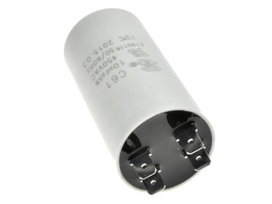Capacitor; motor; 10uF; 450V AC; C61-450VAC-10uF 5%; fi 35x65mm; 6,3mm connectors; screw with a nut; S-cap; RoHS