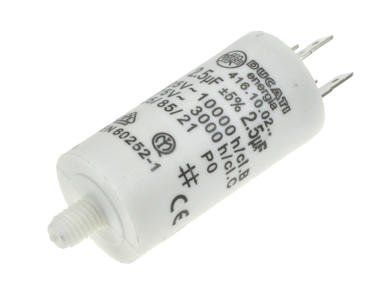 Capacitor; motor; 4.16.10.02.64; 2,5uF; 425V AC; fi 28x55mm; 6,3mm connectors; screw with a nut; Ducati; RoHS