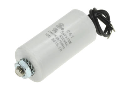 Capacitor; motor; 5uF; 450V; KSP 5/450; fi 30x60mm; with cable; screw with a nut; S-cap; RoHS
