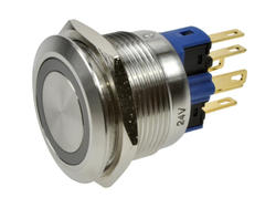 Przełącznik; przyciskowy; GQ22-11E/B/24V/S; ON-(OFF)+OFF-(ON); 2 tory; podświetlenie LED 24V; niebieski; ring; monostabilny; na panel; 5A; 250V AC; 22mm; IP65; Onpow; RoHS