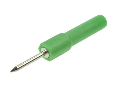 Connecting plug; Amass; 26.470.4; needle 2mm / banana socket 4mm; green; 51mm; 10A; 30V; nickel plated brass; PA; RoHS; 6.208