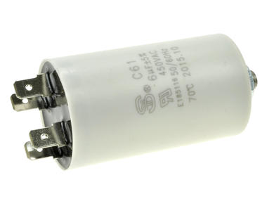 Capacitor; motor; 6uF; 450V AC; diam.35c60mm; 6,3mm connectors; screw with a nut; S-cap; RoHS