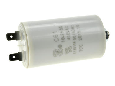 Capacitor; motor; 16uF; 450V AC; fi 40x71mm; 6,3mm connectors; screw with a nut; S-cap; RoHS