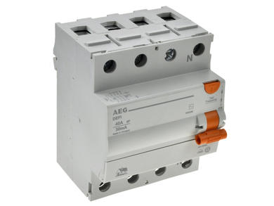 RC Circuit breaker; DEFI 40/030/4; 40A; 400V AC; 0,03A; 4 ways; AC; DIN rail mounted; screw; AEG; RoHS