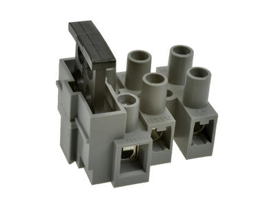 Terminal block; fuse socket included; DG801-03P-11-00AH; 3 ways; R=10,00mm; 27,4mm; 10A; 400V; for cable; straight; round hole; slot screw; screw; horizontal; 1÷6mm2; grey; Degson; RoHS