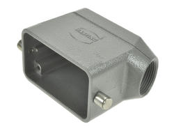Connector housing; Han A; 19300101541; 10B; metal; angled 45°; for cable; entry for M25 cable gland; for single locking lever; one side cable entry; grey; IP65; Harting; RoHS