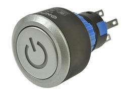 Przełącznik; przyciskowy; LAS1-AWY-11T/BL/12V; ON-(ON); srebrny stalowy; podświetlenie LED 12V; niebieski; do lutowania; 2 pozycje; 5A; 250V AC; 22mm; 40mm; Onpow