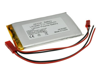 Rechargeable battery; Li-Po; 475085; 3,7V; 2500mAh; 4,7x50x85mm; PCM protection; connector + socket 2,54*2pins; AKYGA; RoHS