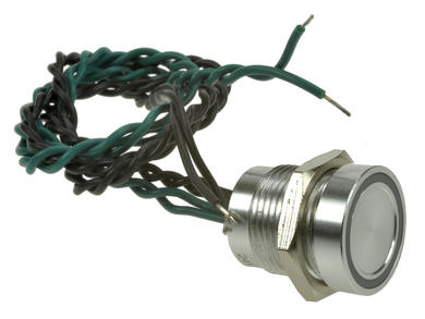 Przełącznik; piezoelektryczny; PS165P10YNT1G24; OFF-(ON); 1 tor; srebrny; płaski; podświetlenie LED 24V; zielony; ring; na panel; z przewodem; 0,2A; 24V AC; 0,2A; 24V DC; IP68; Onpow