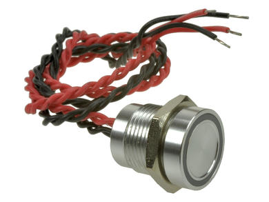 Przełącznik; piezoelektryczny; PS165P10YNT1R12; OFF-(ON); 1 tor; srebrny; płaski; podświetlenie LED 12V; czerwony; ring; na panel; z przewodem; 0,2A; 24V AC; 0,2A; 24V DC; IP68; Onpow