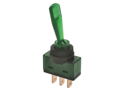 Switch; toggle; ASW13D zielony; 2*1; ON-OFF; 1 way; 2 positions; bistable; panel mounting; green; LED 12V backlight; 6,3x0,8mm connectors; 20A; 12V DC; green; 28mm; RoHS