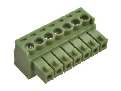 Terminal block; XY2500F-G-7P3.5; 7 ways; R=3,50mm; 15,4mm; 8A; 125V; for cable; angled 90°; square hole; slot screw; screw; vertical; 1,5mm2; green; Xinya; RoHS