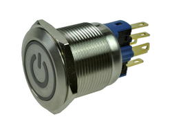Przełącznik; przyciskowy; GQ22-11ET/B/12V/S; ON-(OFF)+OFF-(ON); 2 tory; podświetlenie LED 12V; niebieski; symbol power; ring; monostabilny; na panel; 5A; 250V AC; 22mm; IP65; Onpow; RoHS