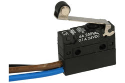 Microswitch; SR0-05C; lever with roller; 25mm; 1NO+1NC common pin; snap action; with 30cm cable; 3A; 250V; IP67; Highly; RoHS
