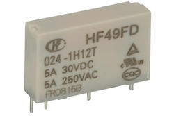 Relay; electromagnetic miniature; HF49FD-024-1H12T  (JZC49F); 24V; DC; SPST NO; 5A; 250V AC; 5A; 30V DC; PCB trough hole; Hongfa; RoHS