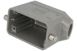Connector housing; Han A; 19300101540; 10B; metal; angled 45°; for cable; entry for M20 cable gland; for single locking lever; one side cable entry; grey; IP65; Harting; RoHS