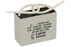 Kondensator; polipropylenowy; silnikowy (rozruchowy); I250V530J-C; MKSP; 3uF; 400V; 17,9x33x41,4mm; z przewodami; Miflex; RoHS