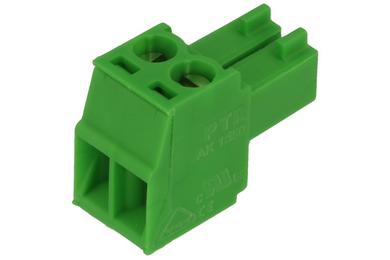 Terminal block; AK1550/2-3.5; 2 ways; R=3,50mm; 15,5mm; 8A; 300V; for cable; angled 90°; square hole; slot screw; screw; vertical; 1,5mm2; green; PTR Messtechnik; RoHS