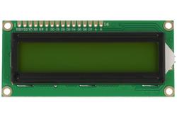 Wyświetlacz; LCD; alfanumeryczny; PC-1602A-YHY Y/G-1L E6 C; 16x2; czarny; Kolor tła: zielony; podświetlenie LED; 64mm; 16mm; RoHS