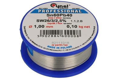 Soldering wire; 1,0mm; reel 0,1kg; LC60/1,0/0,10; lead; Sn60Pb40; Cynel; wire; SW26/3/2.5%; solder tin