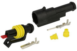 Connector; superseal; AV-SSCS-1; 1 way; straight; cable socket & panel mounted plug; solder; 14A; 24V; black; copper alloy; 1,5mm2; IP67; latch