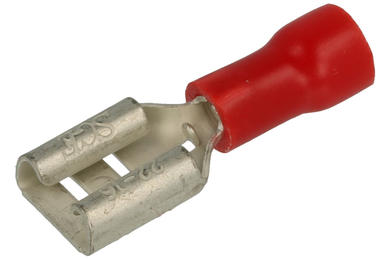 Connector; 6,3x0,8mm; flat female; insulated; 01106-FDD1.2; red; straight; for cable; 0,5÷1,5mm2; crimped; 1 way; KLS