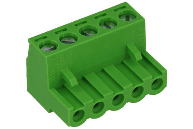 Terminal block; AK950/05-5; 5 ways; R=5,00mm; 17,3mm; 15A; 300V; for cable; angled 90°; square hole; slot screw; screw; vertical; 2,5mm2; green; PTR Messtechnik; RoHS