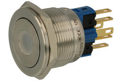 Przełącznik; przyciskowy; tact switch; GQ22PF-11D/Y/12V/S; ON-(OFF)+OFF-(ON); 2 tory; podświetlenie LED 12V; żółty; punkt; monostabilny; na panel; 0,5A; 250V AC; 22mm; IP67; Onpow; RoHS