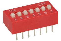 Przełącznik; DIP switch; 7 torów; DIPS7CD; czerwony; przewlekany (THT); h=5,5 + suwak 1,1mm; 25mA; 24V DC; biały; KLS; RoHS