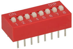 Switch; DIP switch; 8 ways; DIPS8CD; red; through hole; h=5,3 + knob 1,3mm; 25mA; 24V DC; white; KLS; RoHS