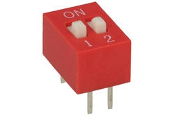 Switch; DIP switch; 2 ways; DIPS2CD; red; through hole; h=5,5 + knob 1,1mm; 25mA; 24V DC; white; KLS; RoHS
