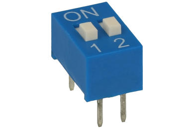 Switch; DIP switch; 2 ways; DIOS2ND; blue; through hole; h=5,2 + knob 1,1mm; 25mA; 24V DC; white; SAB switches; RoHS